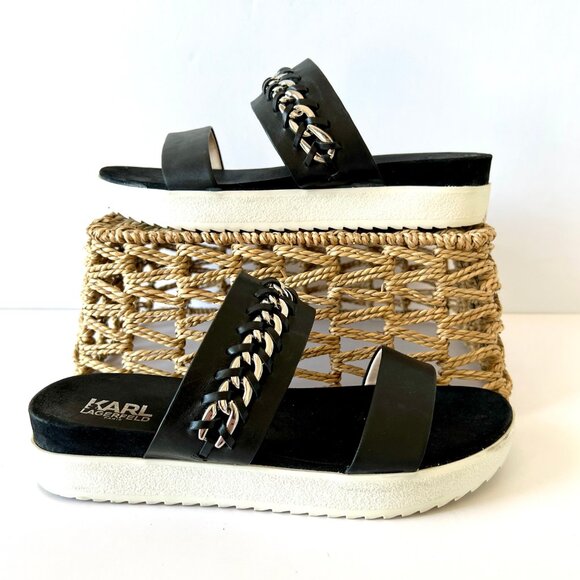 Karl Lagerfeld Paris Slip On Black Leather Sandals, Meslay, Size 8, EUC! - Picture 9 of 14